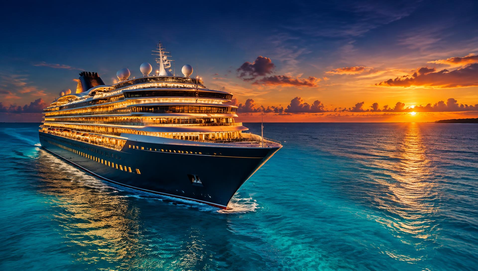 Cruise ship sailing the Caribbean at sunset