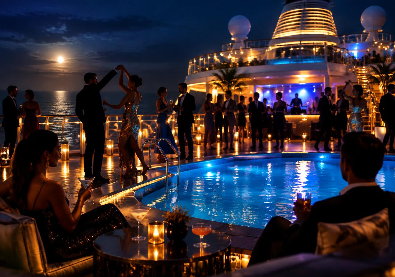 Evening pool deck party aboard a cruise ship